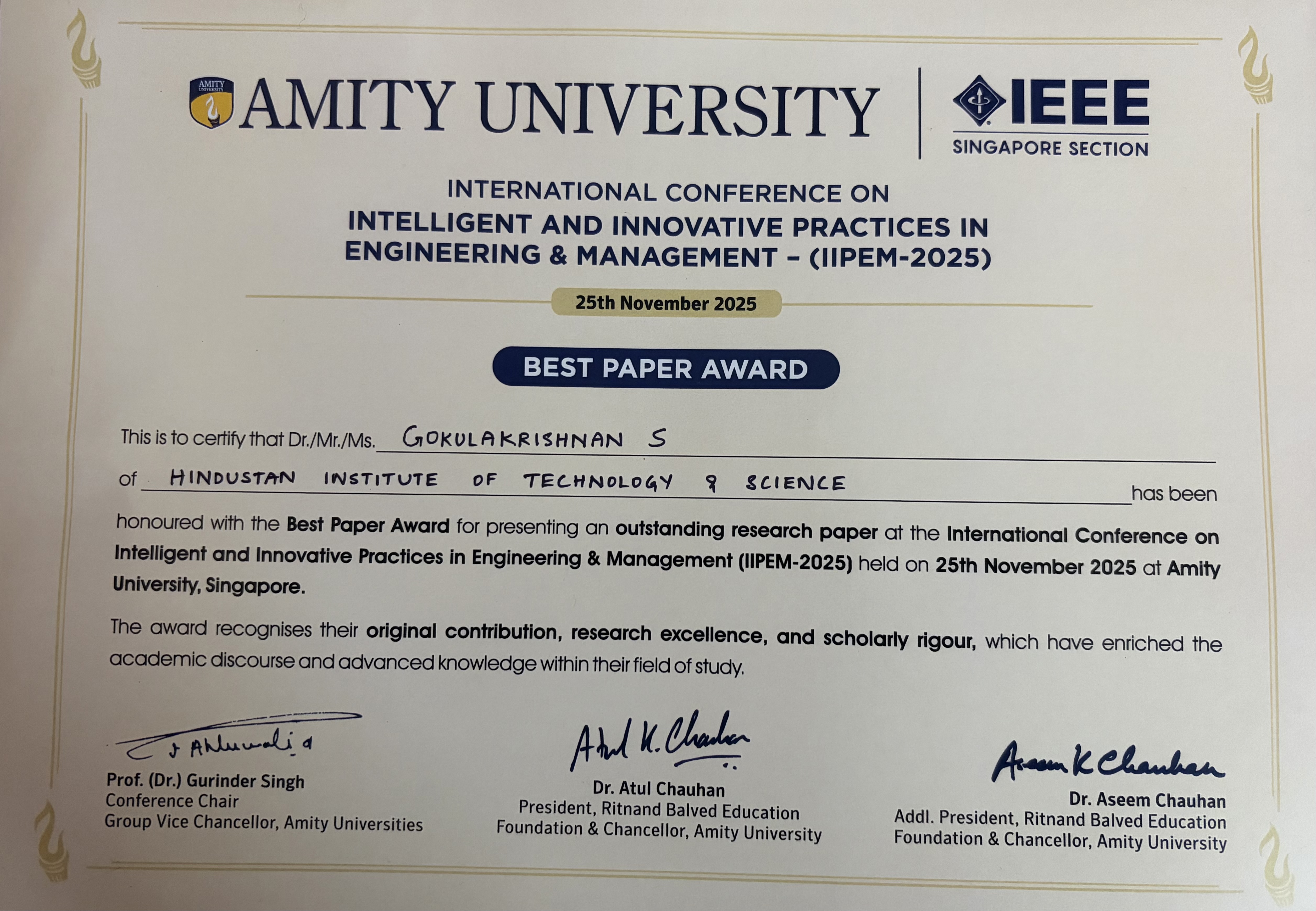 IEEE Singapore 2025 Best Paper Award Certificate
